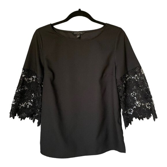 Banana Republic Women Black Trumpet Sleeve Lace Cuff Blouse Shirt Sz Small - Picture 1 of 6
